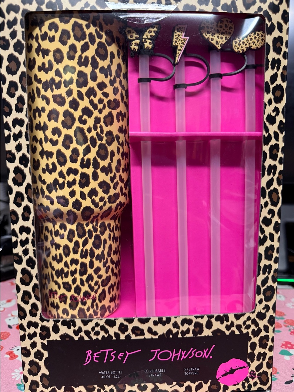Betsey Johnson NIB Leopard Print Insulated Tumbler with Straws